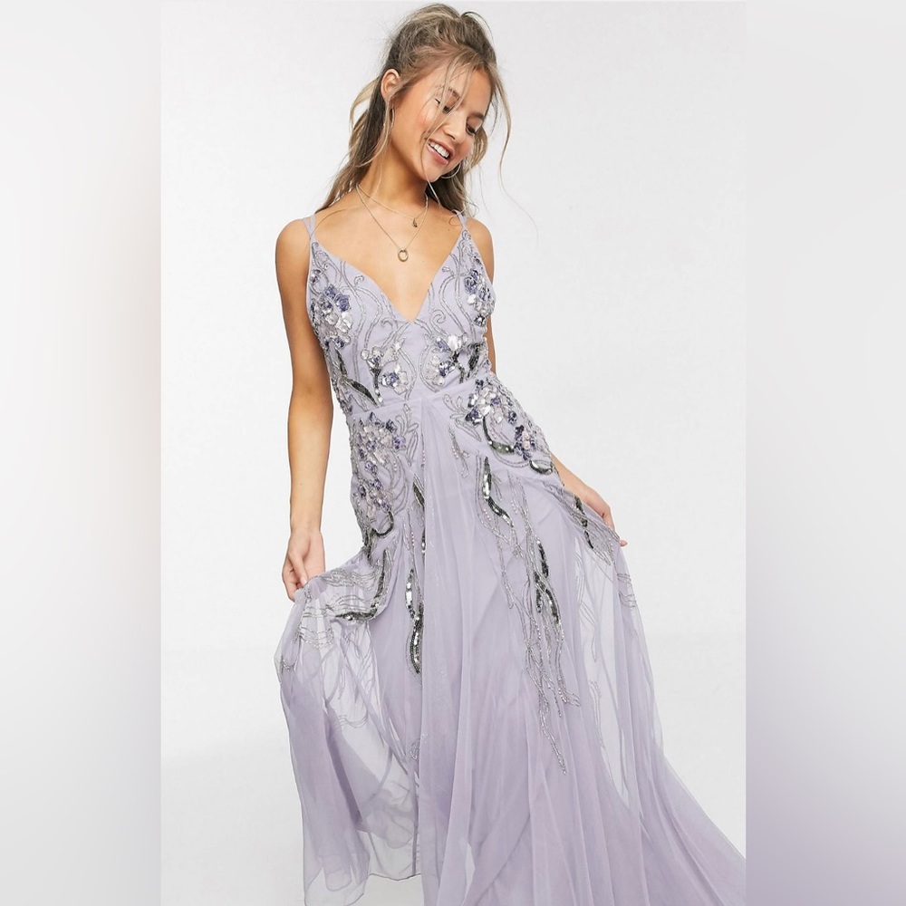 ASOS DESIGN floral embellished mesh godet maxi dress in lilac